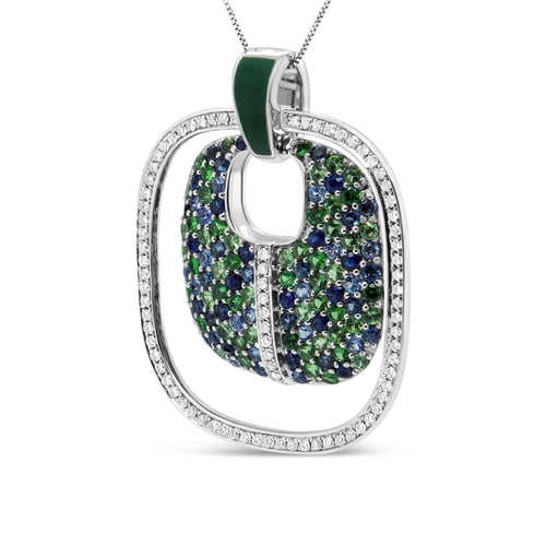 .925 Sterling Silver Green Enamel Pendant with 1/2 Cttw Diamond,
